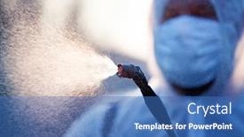  Presentation with 2019 - Audience pleasing PPT theme consisting of man-in-protective-equipment-decontaminating backdrop and a teal colored foreground