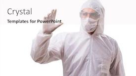  Presentation with white - Colorful presentation design enhanced with man in protective suit isolated on white background backdrop and a white colored foreground