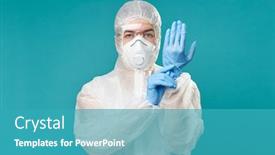  Presentation with rubber gloves - Theme enhanced with man-in-protective-suit-wearing background and a teal colored foreground