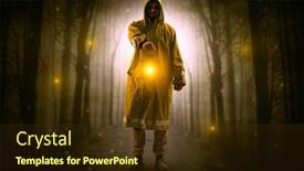  Presentation with dark forest - Audience pleasing presentation theme consisting of man in raincoat coming from dark forest with glowing lantern in his hand concept backdrop and a tawny brown colored foreground