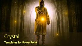  Presentation with dark forest - Colorful slide set enhanced with man in raincoat coming from dark forest with glowing lantern in his hand concept backdrop and a tawny brown colored foreground