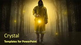  Presentation with dark forest - Slide set with man in raincoat coming from dark forest with glowing lantern in his hand concept background and a tawny brown colored foreground
