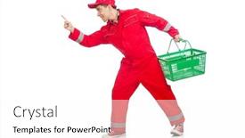  Presentation with supermarket trolley - Presentation theme featuring man in red coveralls with shopping supermarket cart trolley background and a pink colored foreground