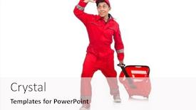  Presentation with supermarket trolley - Amazing theme having man in red coveralls with shopping supermarket cart trolley backdrop and a sky blue colored foreground