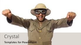  Presentation with safari - PPT theme having man in safari hat with goggles on white background and a coral colored foreground