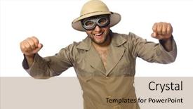  Presentation with safari - Beautiful slide deck featuring treasure hunt game - man in safari hat backdrop and a coral colored foreground