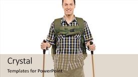  Presentation with hiking - PPT theme enhanced with man in sportswear with backpack and hiking poles isolated against white background background and a coral colored foreground