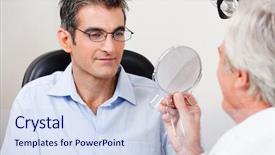  Presentation with optometrist - Beautiful PPT theme featuring man in stylish reading glasses while looking at mirror with optometrist in the clinic backdrop and a sky blue colored foreground