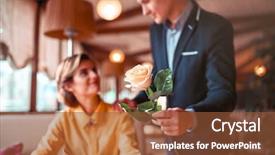  Presentation with rose flower - Presentation design having man in suit gives rose flower to young happy woman background and a tawny brown colored foreground