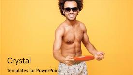  Presentation with frisbee - Audience pleasing PPT theme consisting of portrait of a smiling happy african man in sunglasses holding frisbee over yellow background backdrop and a yellow colored foreground