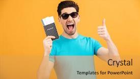  Presentation with passport - PPT theme enhanced with man in sunglasses holding passport background and a yellow colored foreground