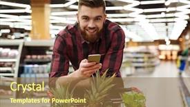  Presentation with man holding phone - Beautiful slide set featuring man in supermarket with shopping backdrop and a tawny brown colored foreground