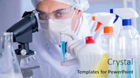  Presentation with testing - Colorful presentation design enhanced with man-in-the-lab-testing backdrop and a light blue colored foreground
