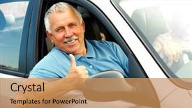  Presentation with elderly - Colorful slides enhanced with bio fuels - smiling happy elderly man backdrop and a coral colored foreground