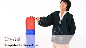  Presentation with korean - Amazing PPT theme having man in traditional korean dress backdrop and a sky blue colored foreground