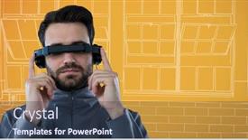  Presentation with virtual hand - Slide set consisting of brick wall 3d black - man in virtual reality headset background and a tawny brown colored foreground