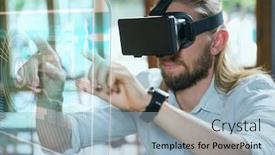  Presentation with interface - Slide deck consisting of man in vr headset touching interface background and a light blue colored foreground