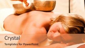 Presentation with singing bowl - Beautiful PPT theme featuring man in wellness and spa setting having a singing bowl therapy session backdrop and a coral colored foreground
