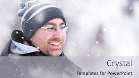  Presentation with snowflakes - Presentation enhanced with man in winter season portrait of young man in warm clothes enjoying snowy day with snowflakes around him in the winter forest background and a light gray colored foreground