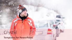  Presentation with snowflakes - Beautiful slide set featuring man in winter season portrait of young man in warm clothes enjoying snowy day with snowflakes around him in the winter forest backdrop and a coral colored foreground