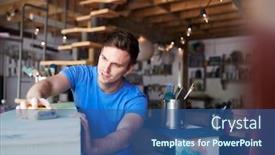  Presentation with upcycling - PPT theme consisting of man-in-workshop-upcycling background and a ocean colored foreground