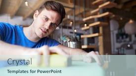  Presentation with upcycling - Colorful PPT theme enhanced with man-in-workshop-upcycling backdrop and a sky blue colored foreground