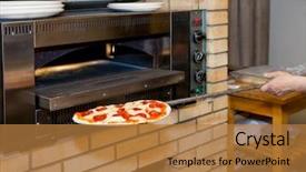  Presentation with restaurant kitchen - Cool new presentation theme with man inserting pizza in oven restaurant kitchen backdrop and a coral colored foreground