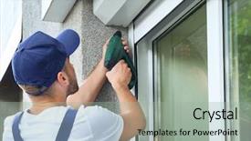  Presentation with metal roller shutter - PPT layouts featuring man installing roller shutter background and a light gray colored foreground