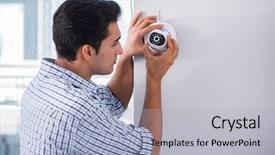  Presentation with surveillance - PPT layouts enhanced with man installing surveillance cctv cameras at home background and a light gray colored foreground