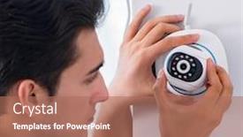  Presentation with surveillance - Colorful presentation enhanced with man-installing-surveillance-cctv-cameras backdrop and a coral colored foreground