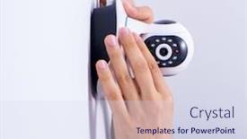  Presentation with cameras - PPT layouts having man-installing-surveillance-cctv-cameras background and a sky blue colored foreground