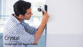  Presentation with cameras - PPT theme featuring man installing surveillance cctv cameras background and a light blue colored foreground