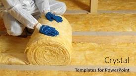  Presentation with thermal insulation - Colorful presentation design enhanced with man-installing-thermal-insulation-layer backdrop and a yellow colored foreground