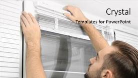  Presentation with home window frame - PPT theme having man installing window blinds background and a white colored foreground