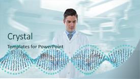  Presentation with dna - Beautiful PPT layouts featuring man interacting with 3d dna backdrop and a sky blue colored foreground