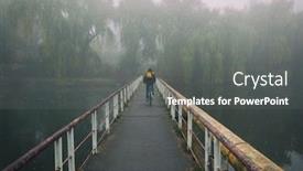  Presentation with cycling - Presentation theme with man is cycling through the old rusty bridge over the lake in the early foggy morning background and a gray colored foreground