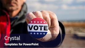  Presentation with vote - Presentation theme having man-is-holding-patriotic-button background and a navy blue colored foreground