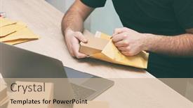  Presentation with product - PPT layouts having man-is-packing-the-product background and a soft green colored foreground