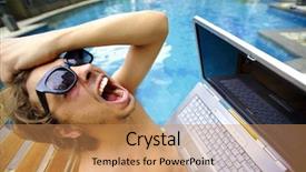  Presentation with super man - PPT layouts having man is super angry with laptop poolside background and a coral colored foreground