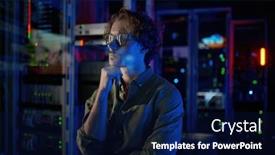  Presentation with data center - PPT theme consisting of man-it-administrator-thinking background and a navy blue colored foreground