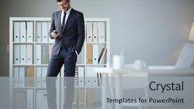  Presentation with sms - Presentation design with man job - handsome businessman in suit background and a light gray colored foreground