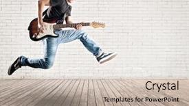  Presentation with music man in suit guitar - Amazing slide set having man jumping with electric guitar backdrop and a soft green colored foreground