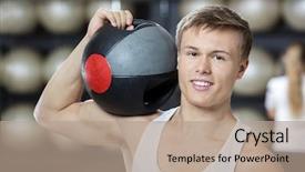  Presentation with gym ball - Cool new slides with man keeping medicine ball on shoulder in gym backdrop and a coral colored foreground
