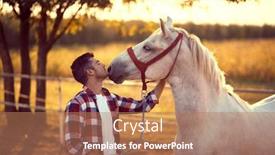  Presentation with nature countryside - Amazing PPT theme having man-kissing-his-horse backdrop and a coral colored foreground