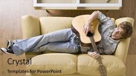  Presentation with guitar - Presentation having man laying on sofa playing guitar background and a coral colored foreground