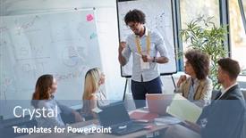  Presentation with business leaders - Slides with man-leaders-present-his-idea background and a teal colored foreground