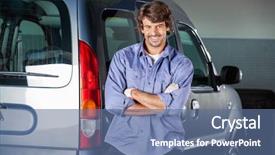  Presentation with mechanic shop - PPT layouts featuring man leaning - portrait of smiling male mechanic background and a  colored foreground