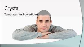  Presentation with poster on white wall above - PPT theme featuring man leaning - young male looking background and a white colored foreground