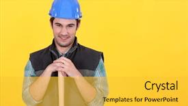  Presentation with charging gun man hands charging - Colorful theme enhanced with man leaning on sledge-hammer backdrop and a yellow colored foreground