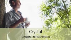  Presentation with tea coffee - Theme consisting of man leaning on tree background and a soft green colored foreground